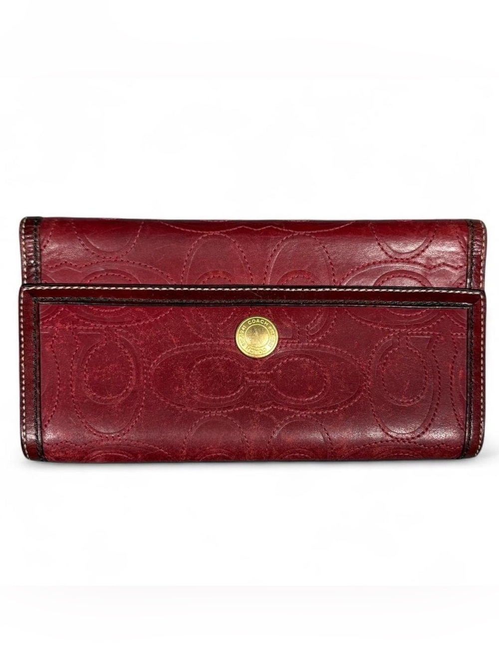 Coach Hampton Red Leather Credit Card ID Window Trifold Embossed Long Wallet